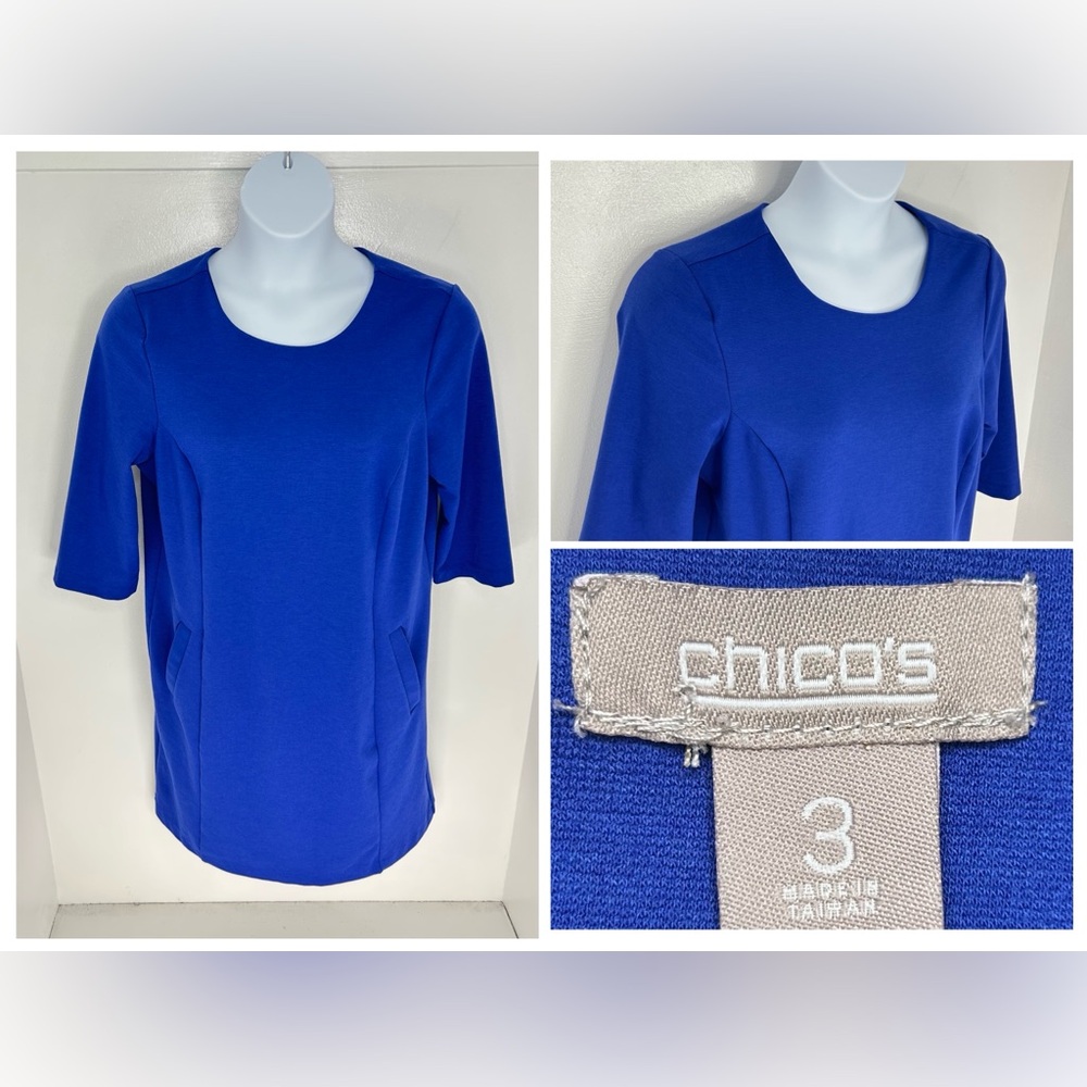 Chicos Dress Blue Ponte Sheath Dress Size 3 (US XL) 3/4 Sleeve Pockets Career